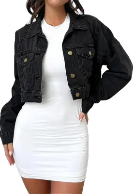 FairBeauty Women's Washed Distressed Denim Jacket Long Sleeve Ripped Button Up Cropped Jean Jacket