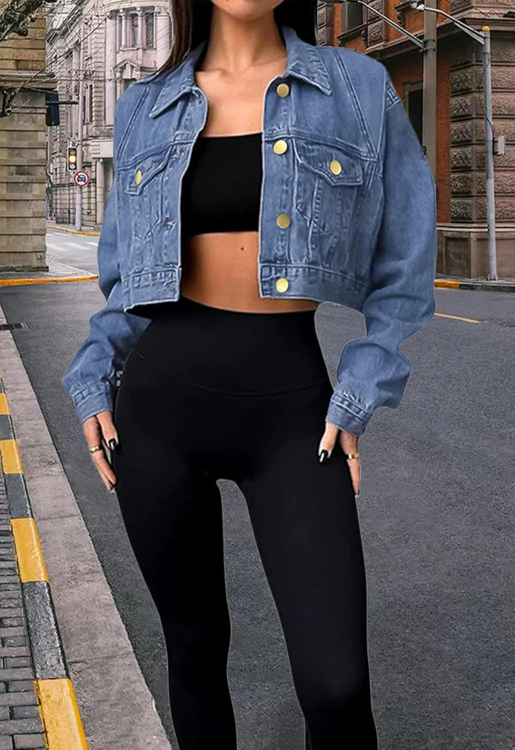 FairBeauty Women's Washed Distressed Denim Jacket Long Sleeve Ripped Button Up Cropped Jean Jacket