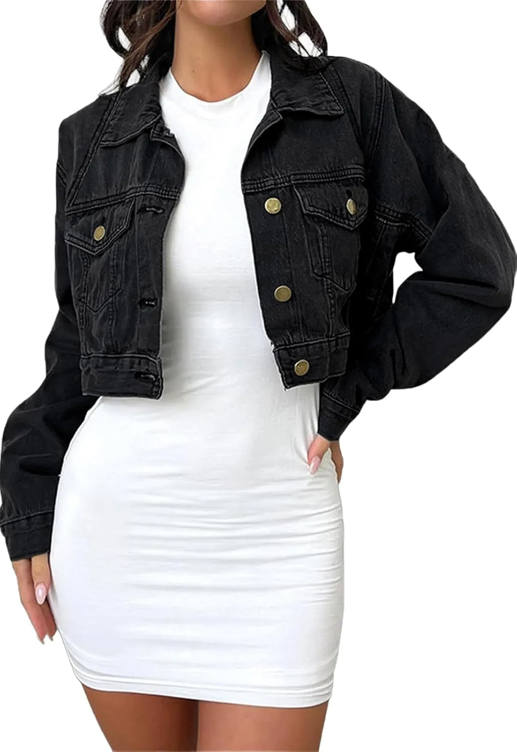 FairBeauty Women's Washed Distressed Denim Jacket Long Sleeve Ripped Button Up Cropped Jean Jacket