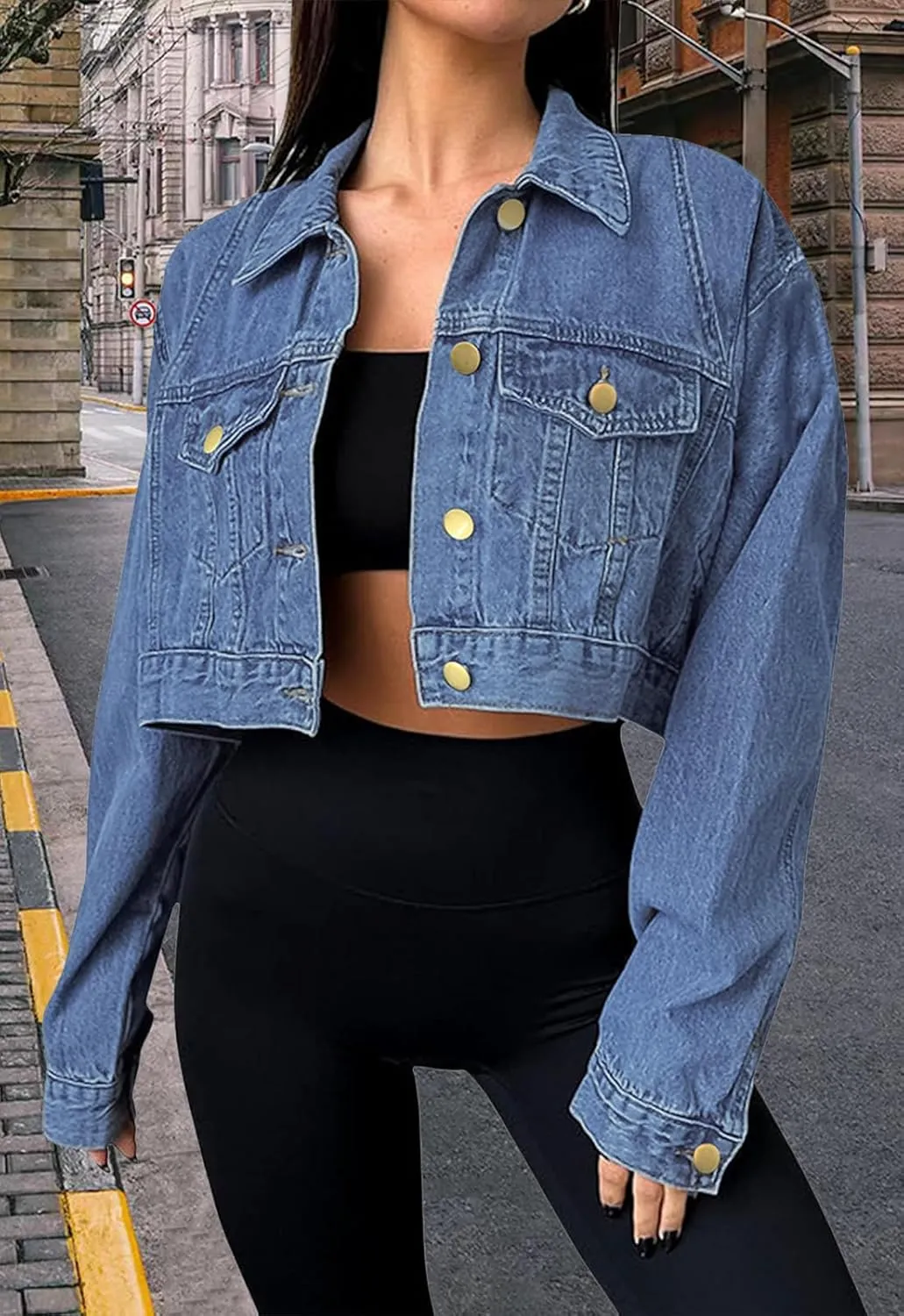 FairBeauty Women's Washed Distressed Denim Jacket Long Sleeve Ripped Button Up Cropped Jean Jacket