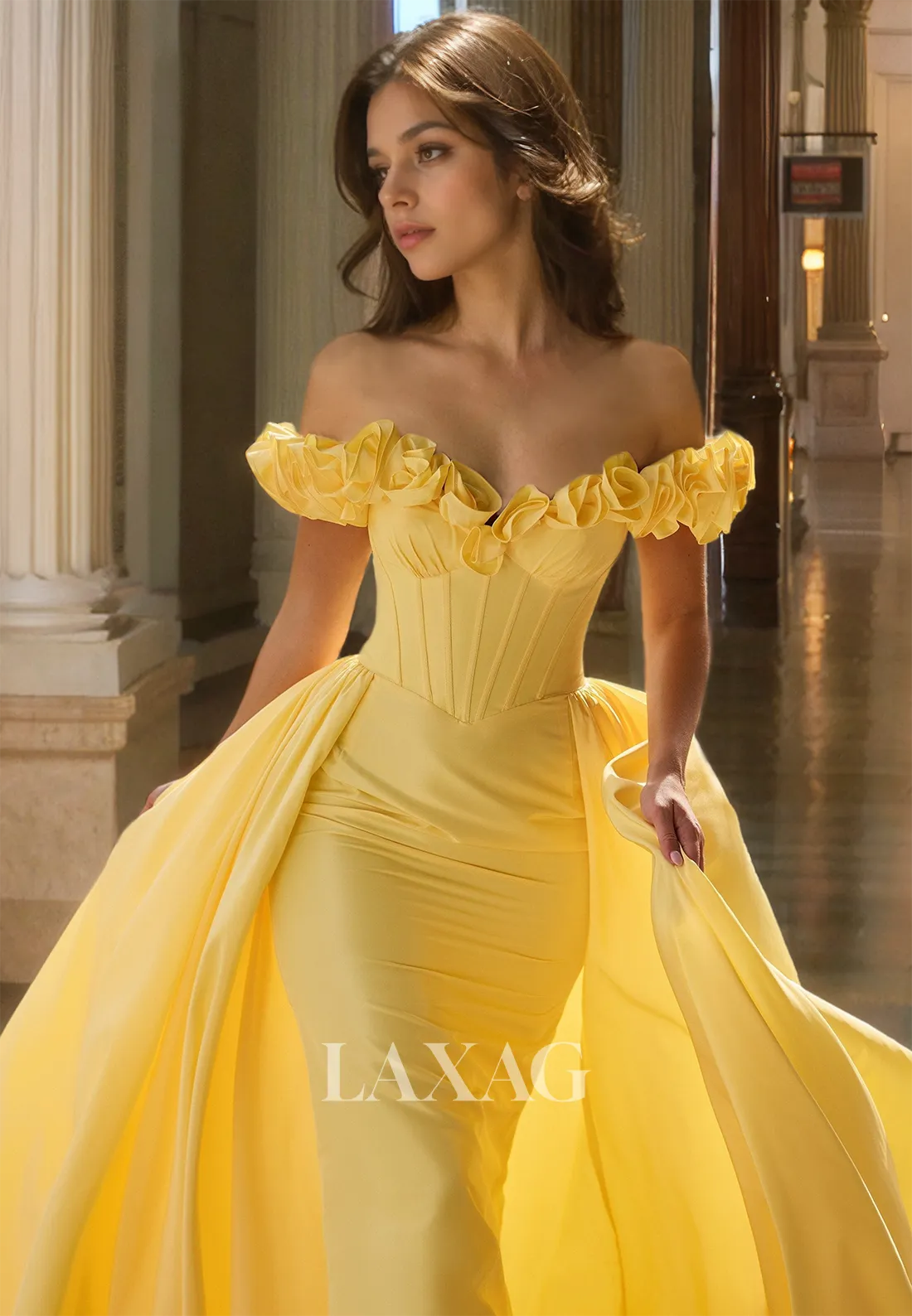 Floral Embossed Sweetheart Off-Shoulder Party Gowns Pleated Satin Mermaid Prom Dress with Overskirt