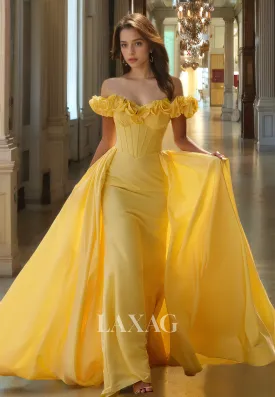 Floral Embossed Sweetheart Off-Shoulder Party Gowns Pleated Satin Mermaid Prom Dress with Overskirt