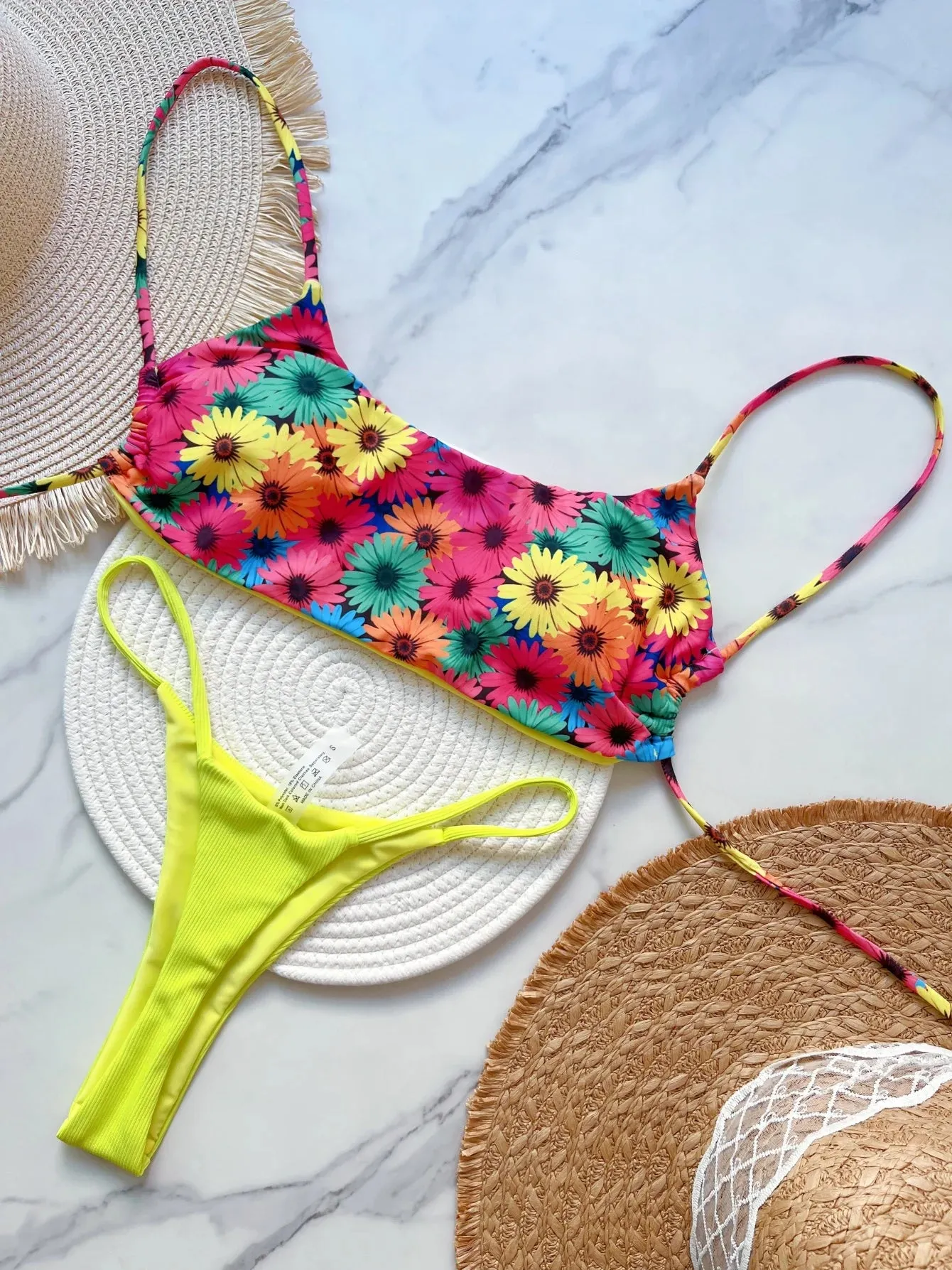 Flowers Printed Mini Thong High-Cut Bikini Set