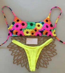 Flowers Printed Mini Thong High-Cut Bikini Set