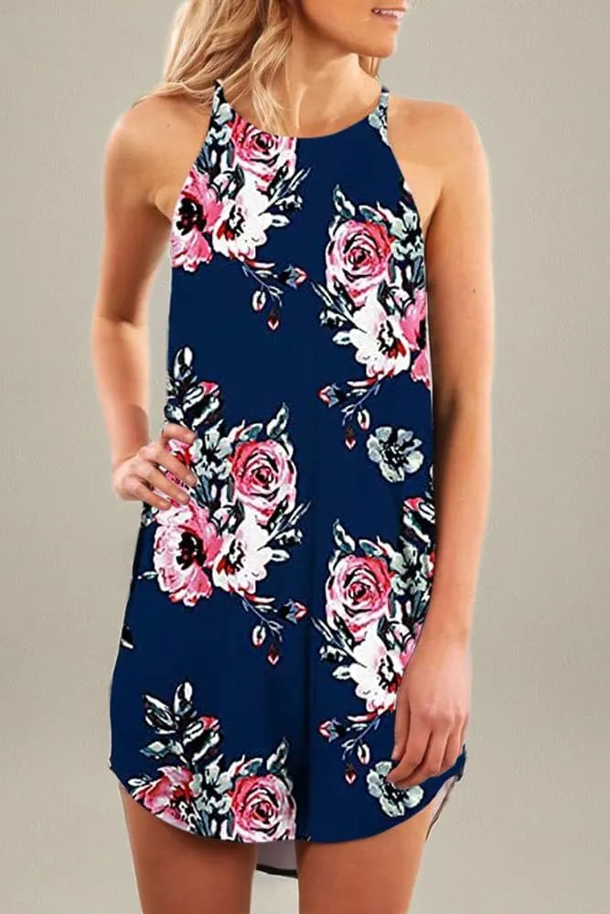 Fronage Women's Casual Sleeveless Floral Mini Dress Summer Beach Halter Neck Dresses