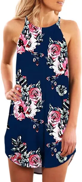 Fronage Women's Casual Sleeveless Floral Mini Dress Summer Beach Halter Neck Dresses