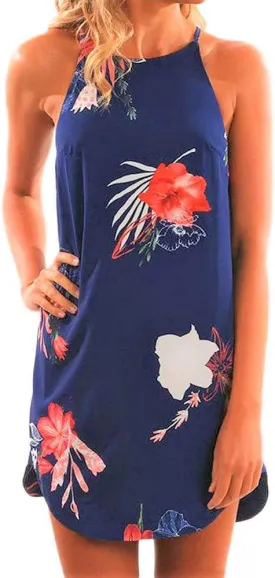 Fronage Women's Casual Sleeveless Floral Mini Dress Summer Beach Halter Neck Dresses