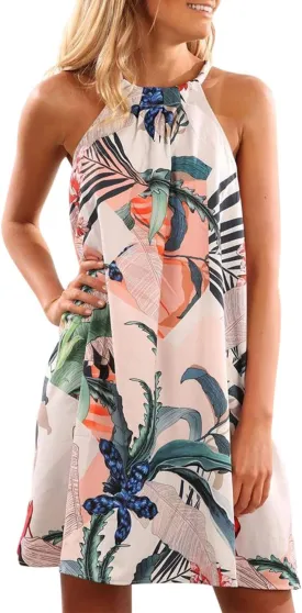 Fronage Women's Casual Sleeveless Floral Mini Dress Summer Beach Halter Neck Dresses
