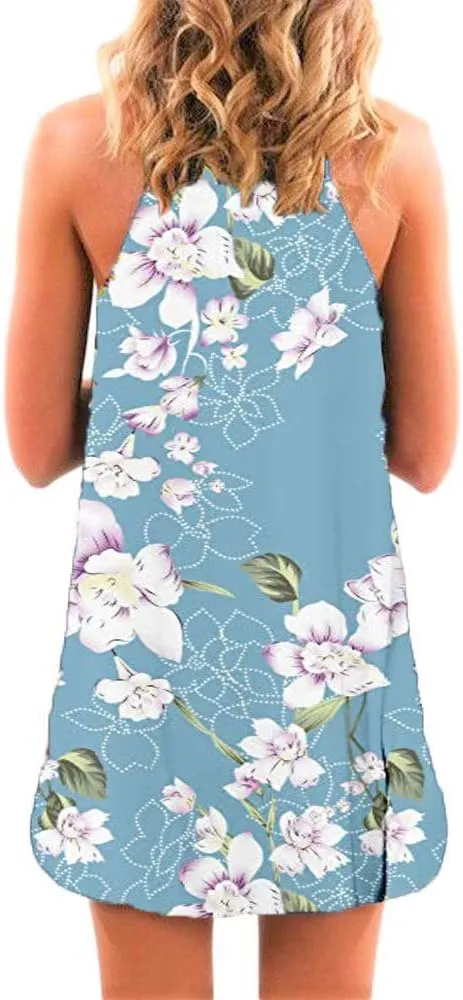 Fronage Women's Casual Sleeveless Floral Mini Dress Summer Beach Halter Neck Dresses