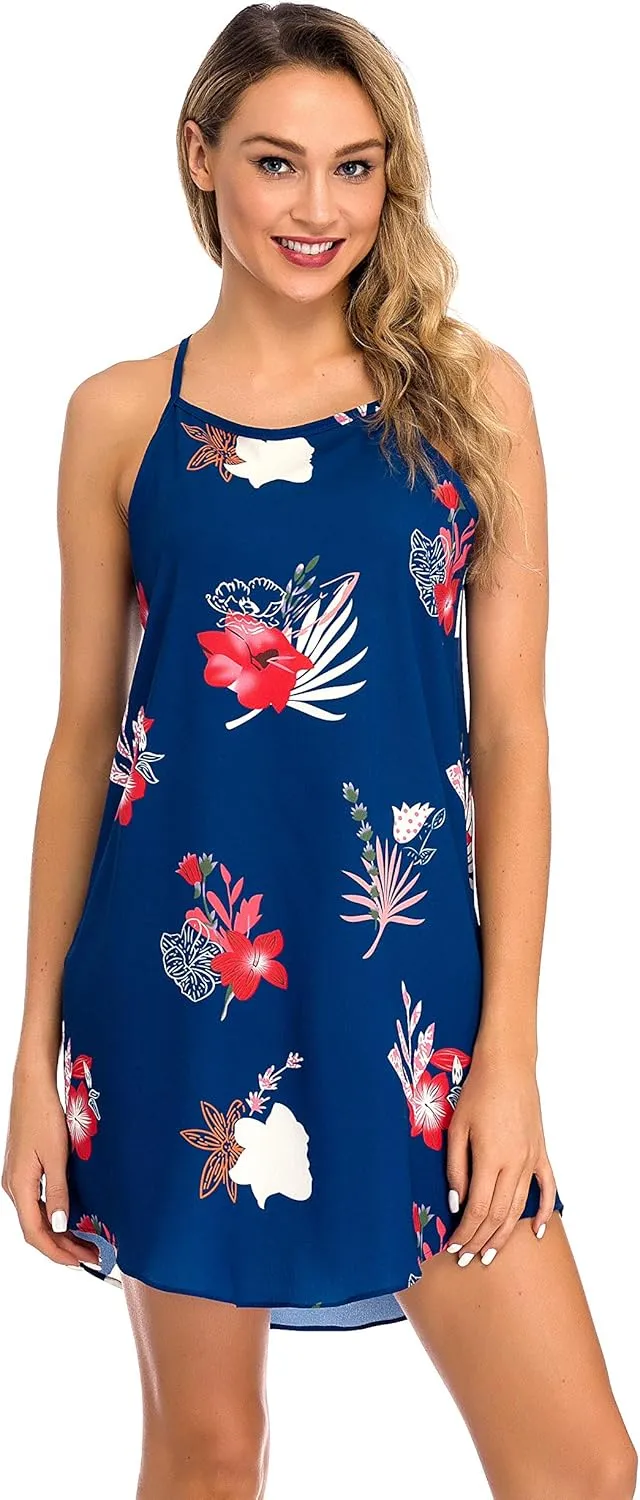 Fronage Women's Casual Sleeveless Floral Mini Dress Summer Beach Halter Neck Dresses