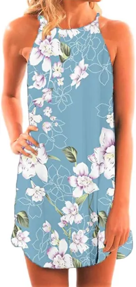 Fronage Women's Casual Sleeveless Floral Mini Dress Summer Beach Halter Neck Dresses