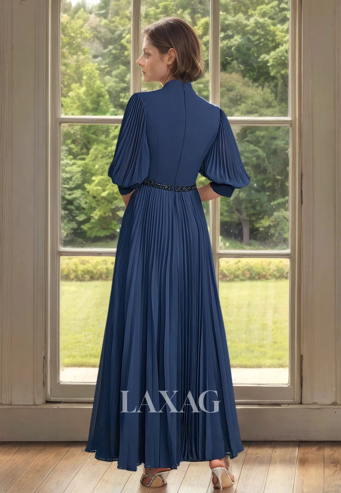Half-Sleeves Square-Neck Pleated A-Line Mother of the Bride Gowns Beaded Floor-Length Cocktail Gowns