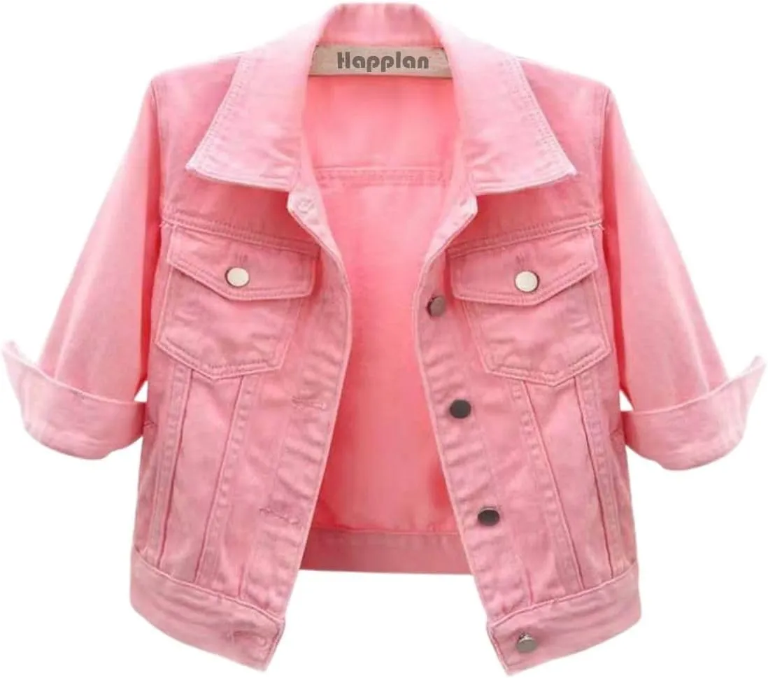 happlan Women's 3/4 Sleeve Short Denim Jacket Lapel Button Down Cropped Trucker Jean Jackets Coats