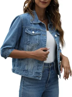 happlan Women's 3/4 Sleeve Short Denim Jacket Lapel Button Down Cropped Trucker Jean Jackets Coats