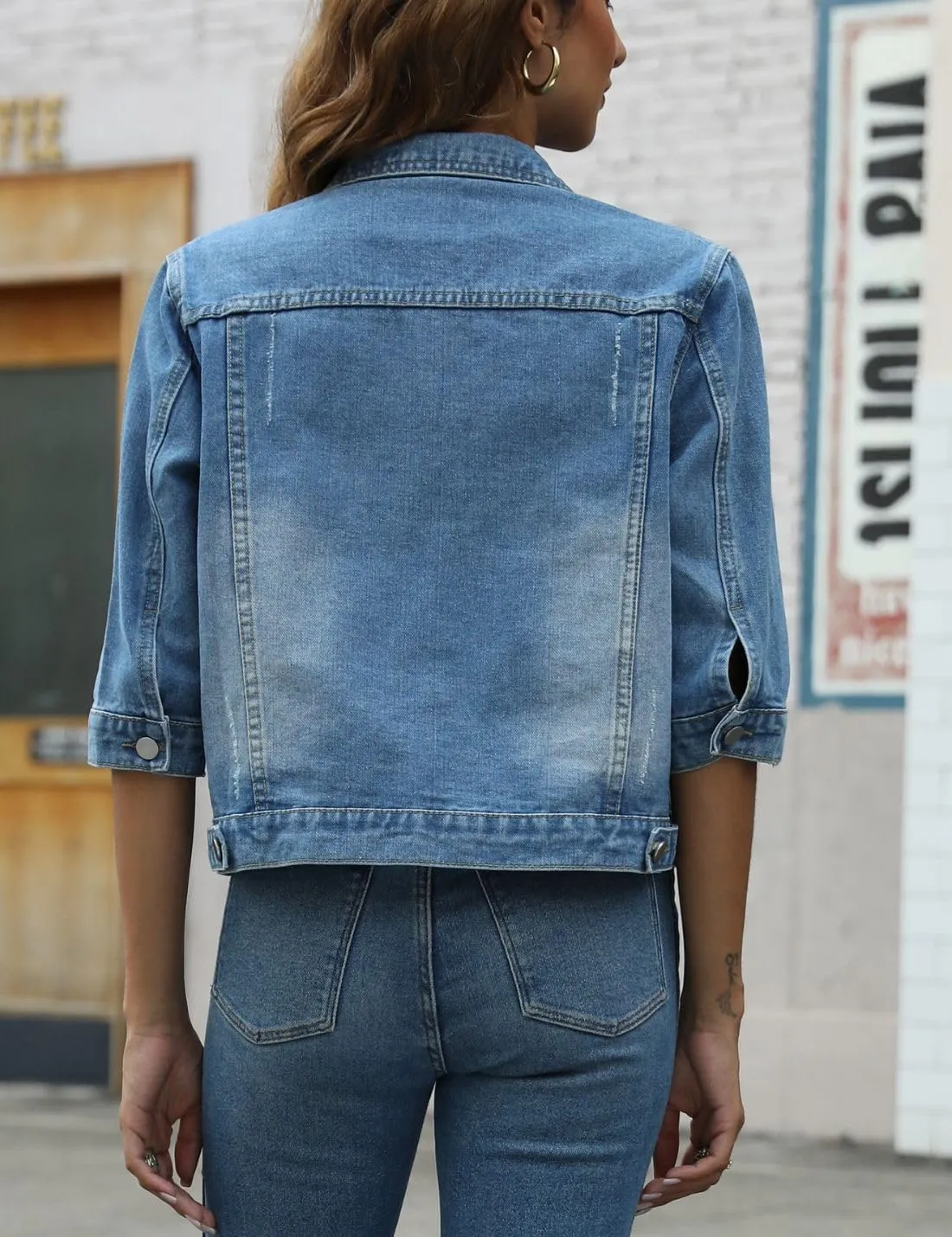 happlan Women's 3/4 Sleeve Short Denim Jacket Lapel Button Down Cropped Trucker Jean Jackets Coats