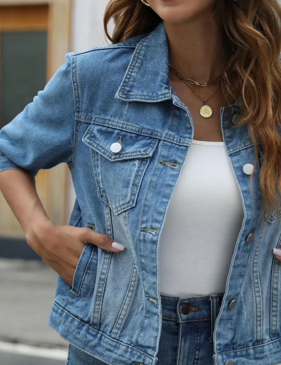 happlan Women's 3/4 Sleeve Short Denim Jacket Lapel Button Down Cropped Trucker Jean Jackets Coats