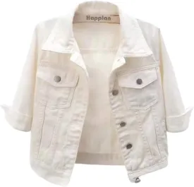 happlan Women's 3/4 Sleeve Short Denim Jacket Lapel Button Down Cropped Trucker Jean Jackets Coats