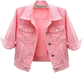 happlan Women's 3/4 Sleeve Short Denim Jacket Lapel Button Down Cropped Trucker Jean Jackets Coats