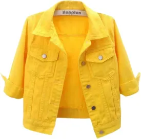 happlan Women's 3/4 Sleeve Short Denim Jacket Lapel Button Down Cropped Trucker Jean Jackets Coats