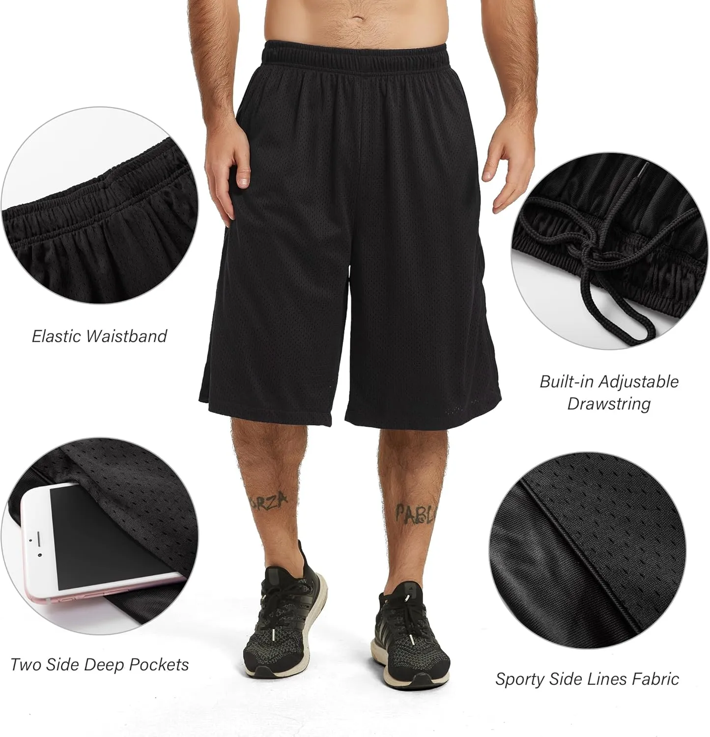 HQUEC Men's 12" Athletic Shorts Long Basketball Workout Shorts Below Knee Loose-Fit with Pockets