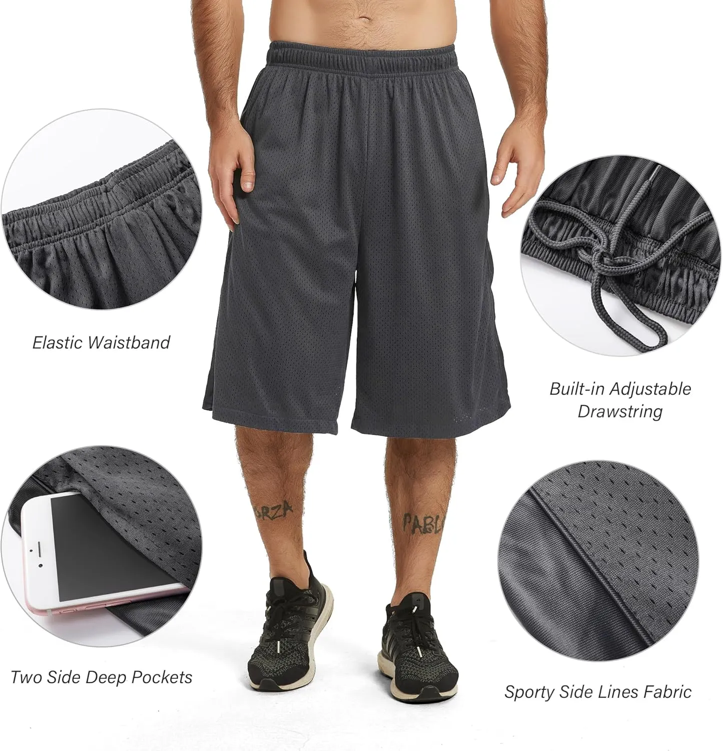 HQUEC Men's 12" Athletic Shorts Long Basketball Workout Shorts Below Knee Loose-Fit with Pockets