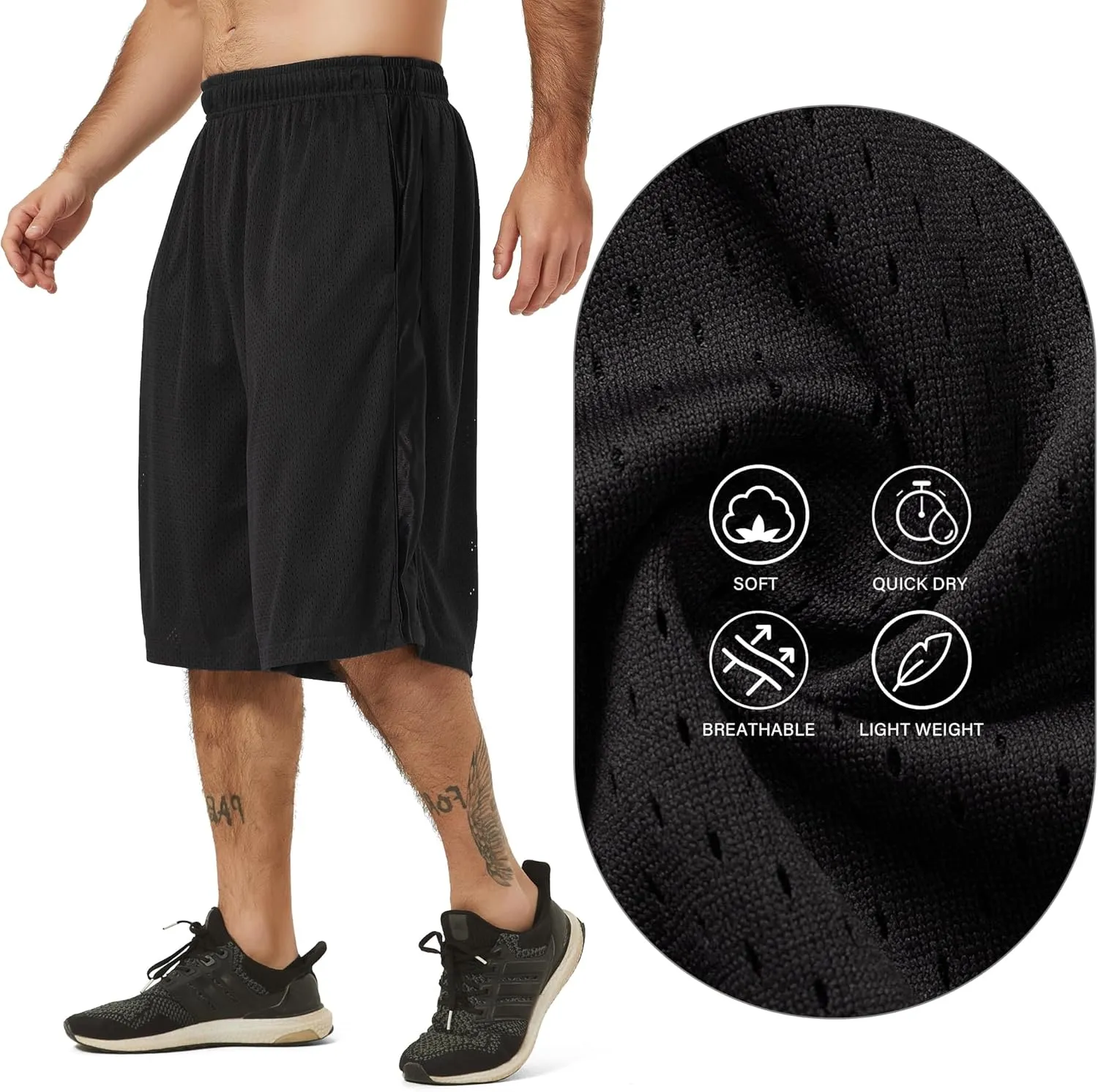 HQUEC Men's 12" Athletic Shorts Long Basketball Workout Shorts Below Knee Loose-Fit with Pockets