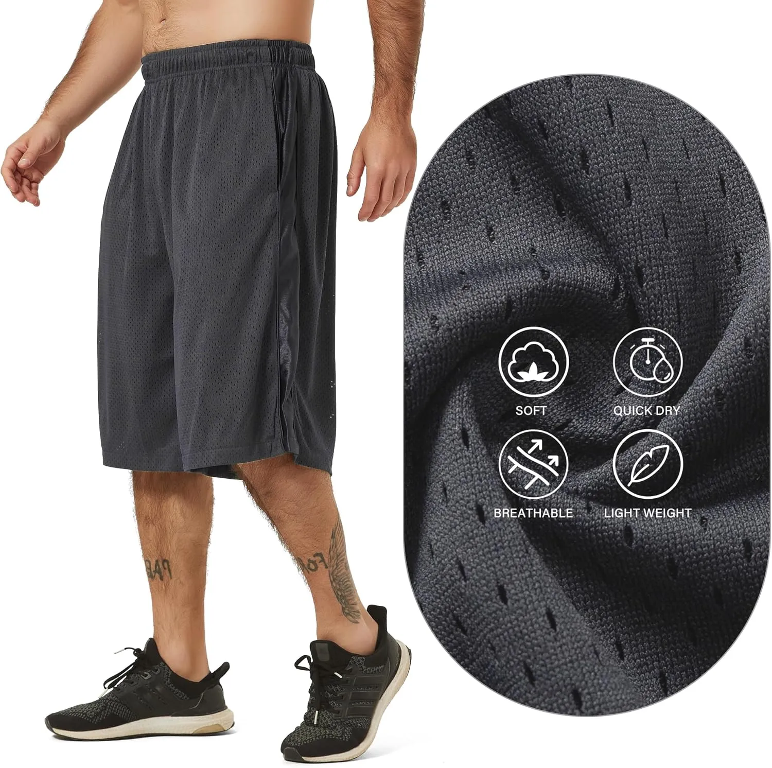 HQUEC Men's 12" Athletic Shorts Long Basketball Workout Shorts Below Knee Loose-Fit with Pockets