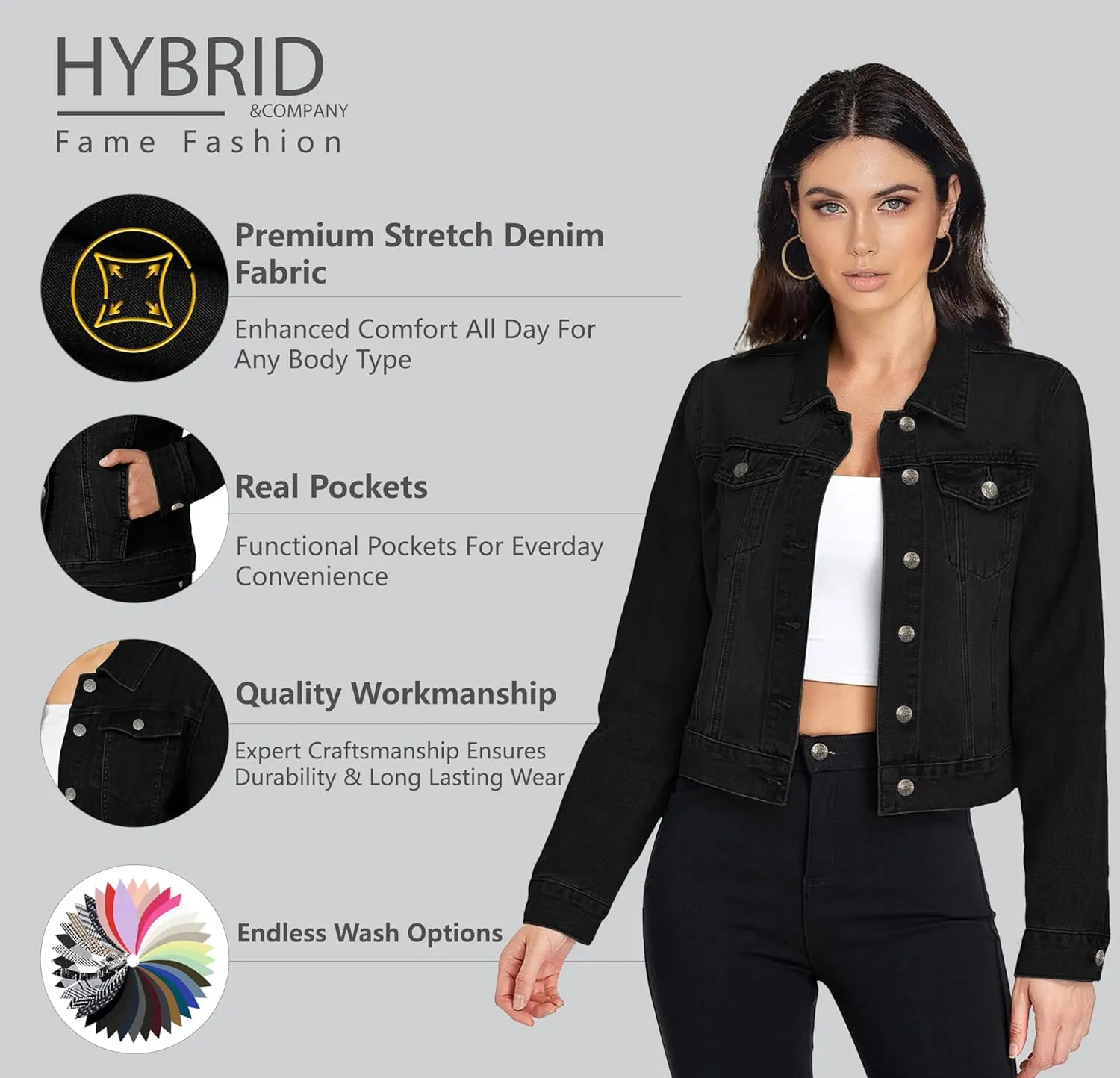 Hybrid & Company Women's Long Sleeve Denim Jackets Basic Button Down Jean Jacket with Pockets