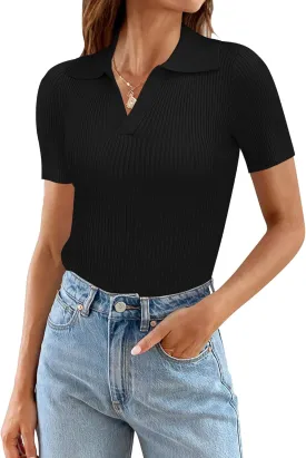 Ivicoer Womens 2025 Summer V Neck Short Sleeve T Shirts Slim Fitted Ribbed Knit Casual Tee Tops
