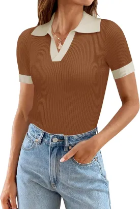 Ivicoer Womens 2025 Summer V Neck Short Sleeve T Shirts Slim Fitted Ribbed Knit Casual Tee Tops