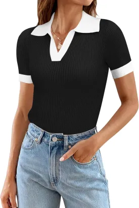 Ivicoer Womens 2025 Summer V Neck Short Sleeve T Shirts Slim Fitted Ribbed Knit Casual Tee Tops