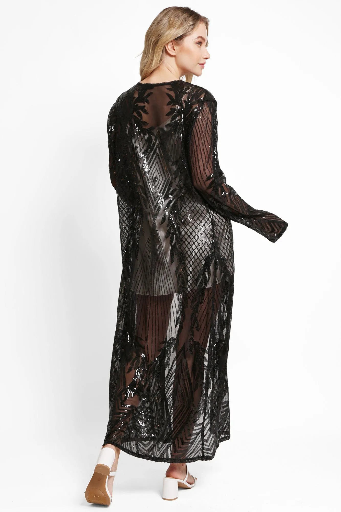 JP3523 Camille Leaves Pattern Sequin Long Kimono