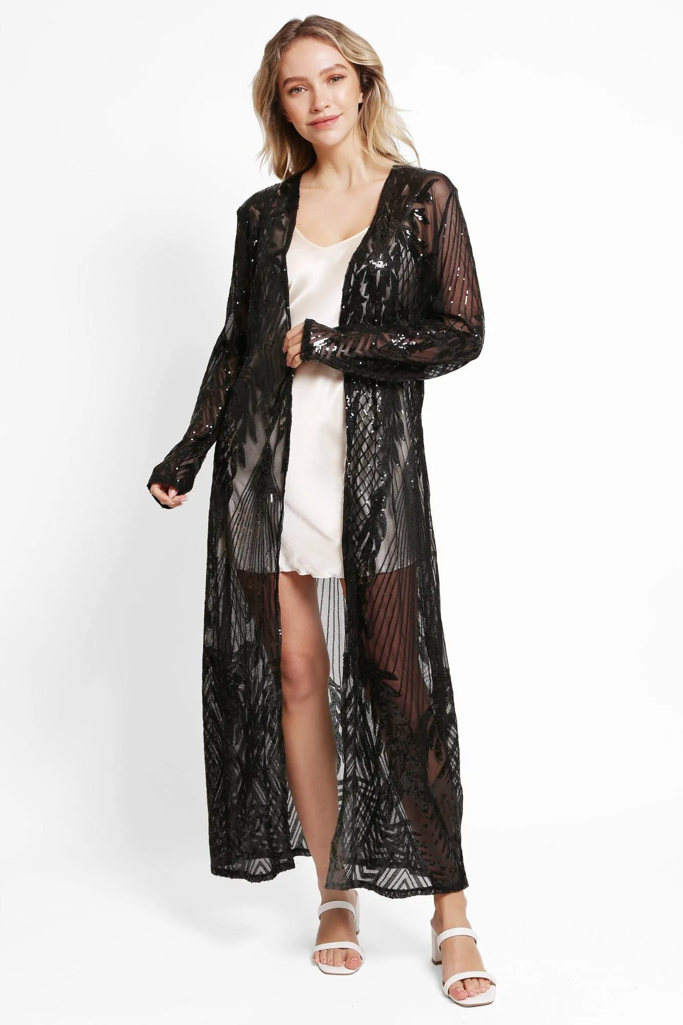 JP3523 Camille Leaves Pattern Sequin Long Kimono