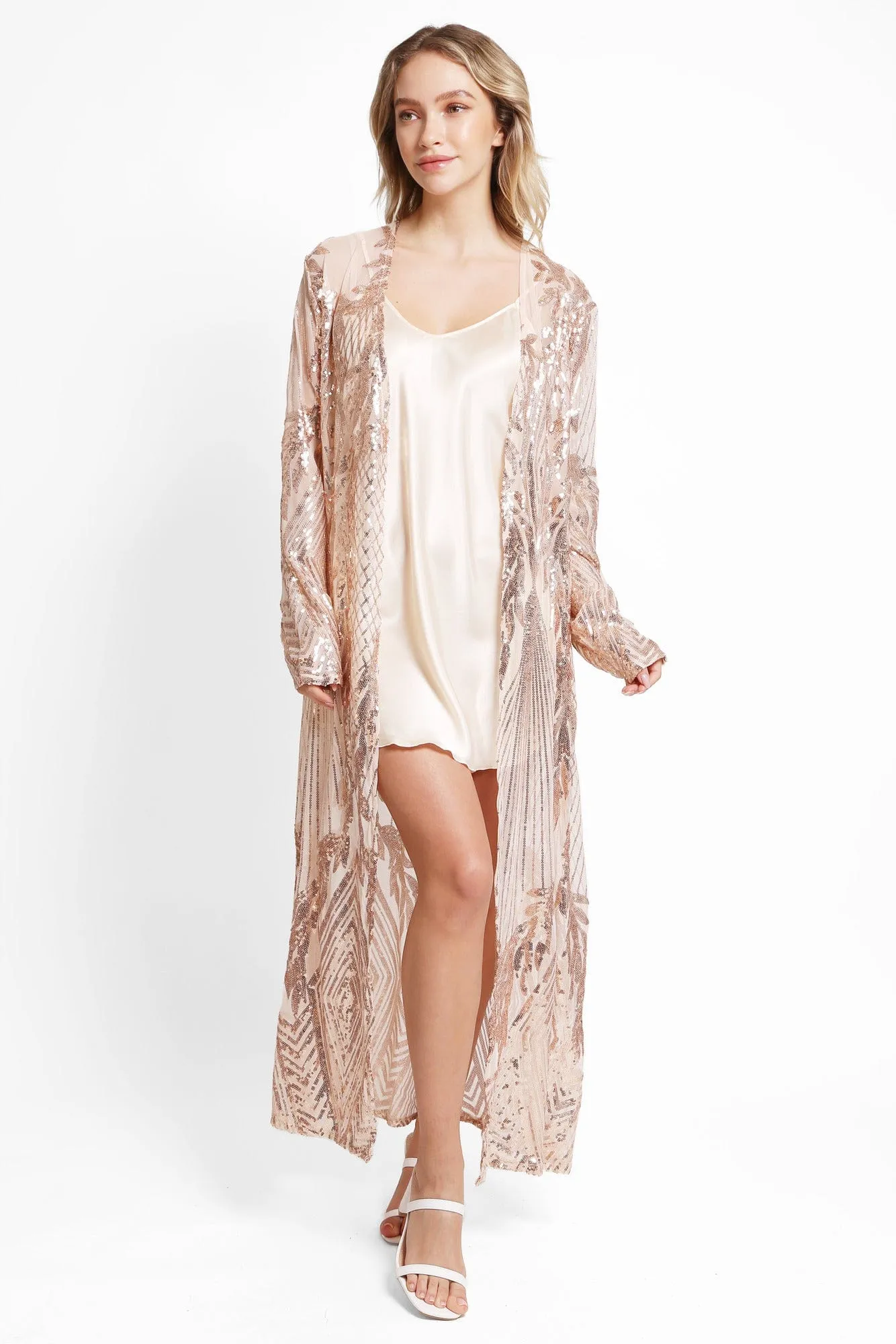 JP3523 Camille Leaves Pattern Sequin Long Kimono