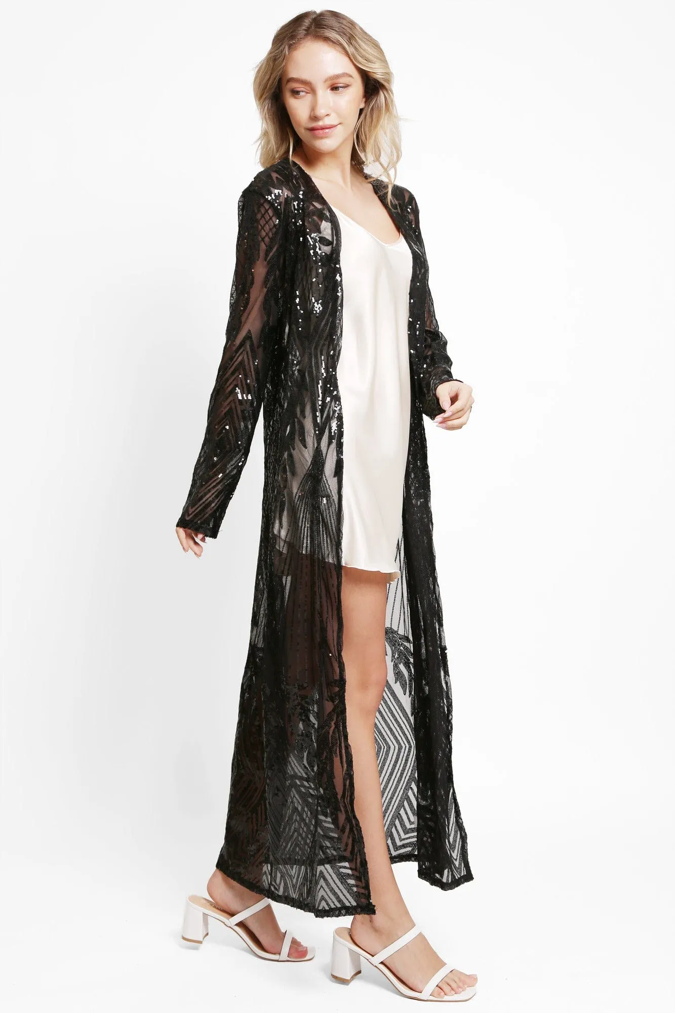 JP3523 Camille Leaves Pattern Sequin Long Kimono