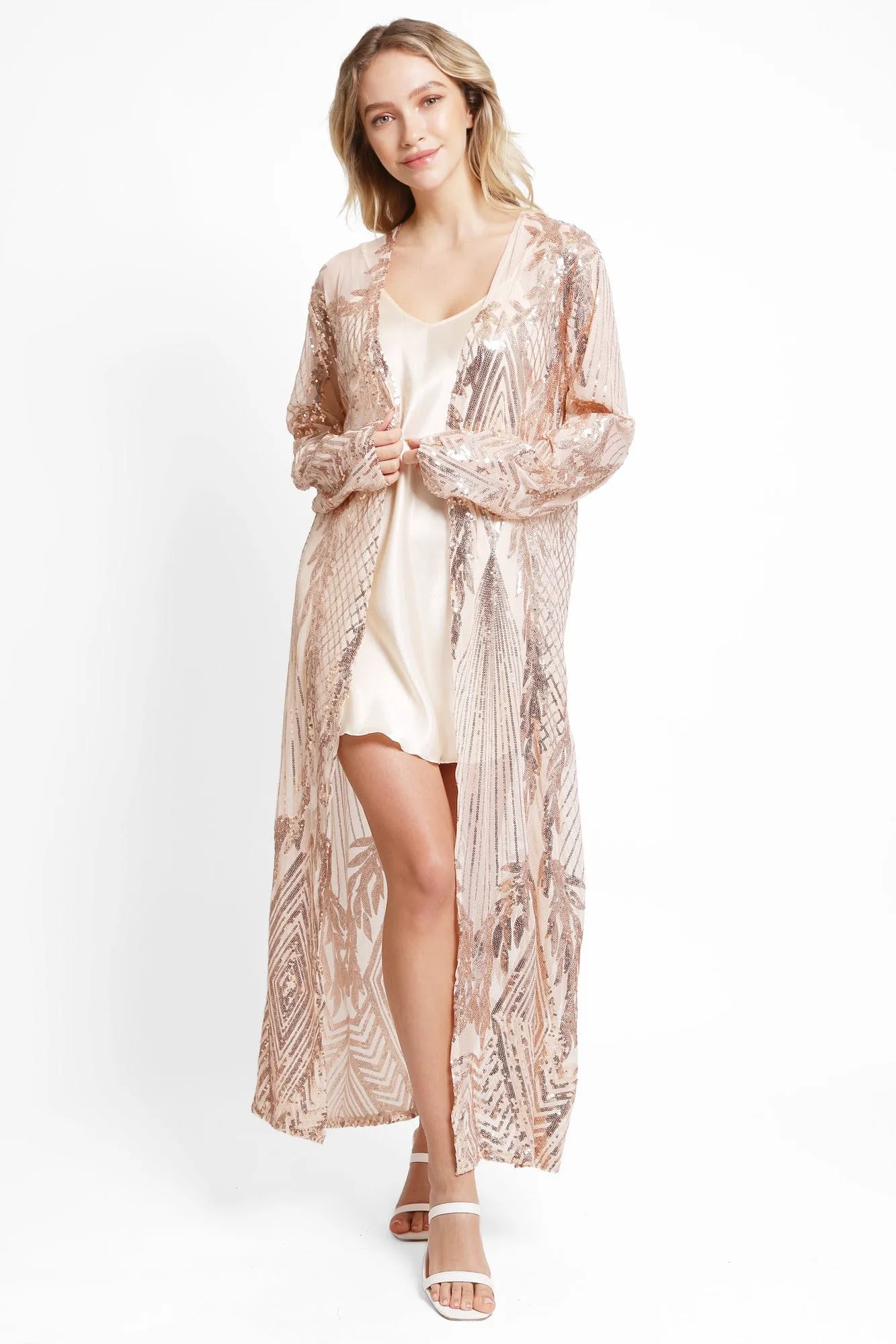 JP3523 Camille Leaves Pattern Sequin Long Kimono
