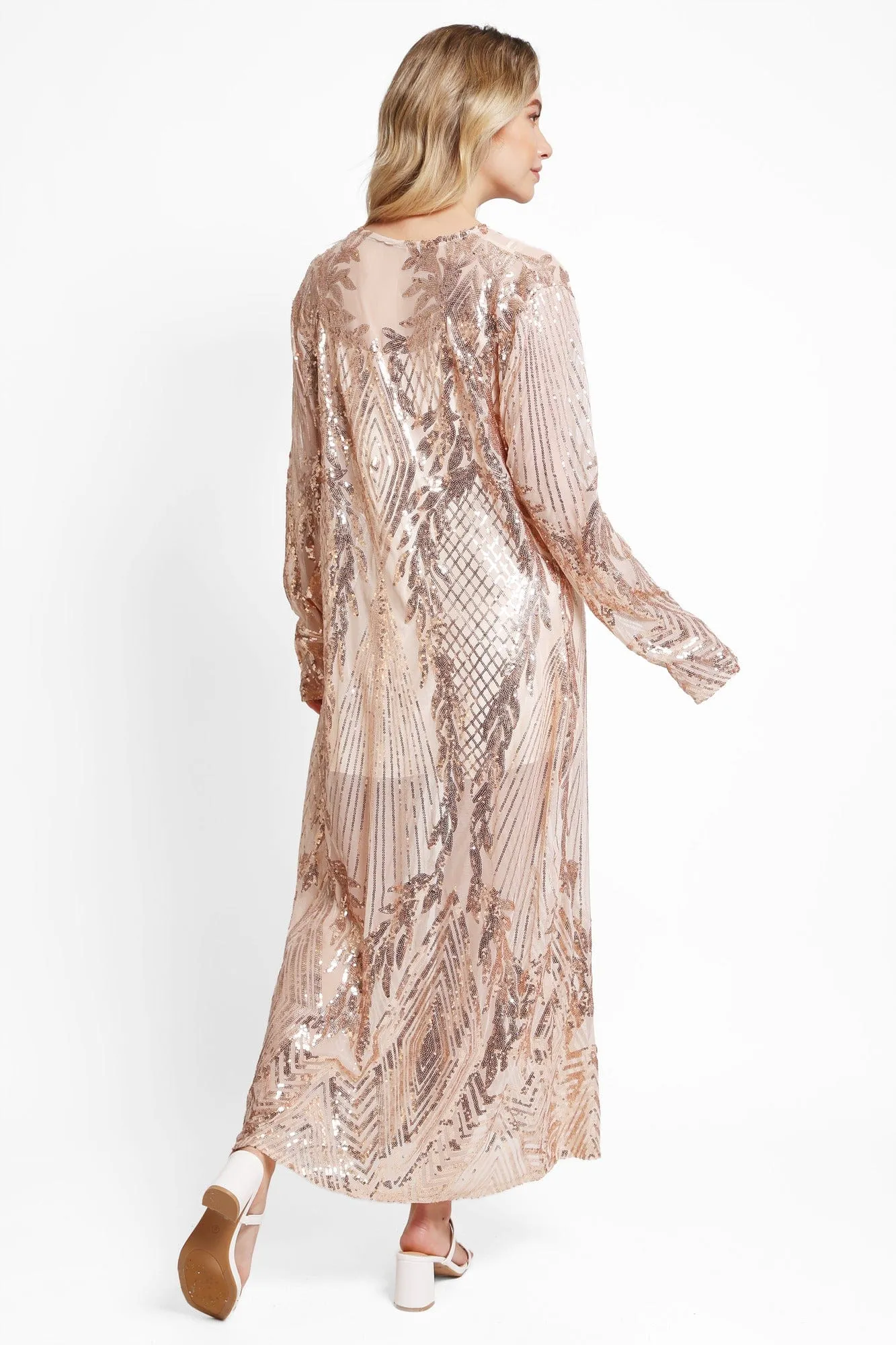 JP3523 Camille Leaves Pattern Sequin Long Kimono