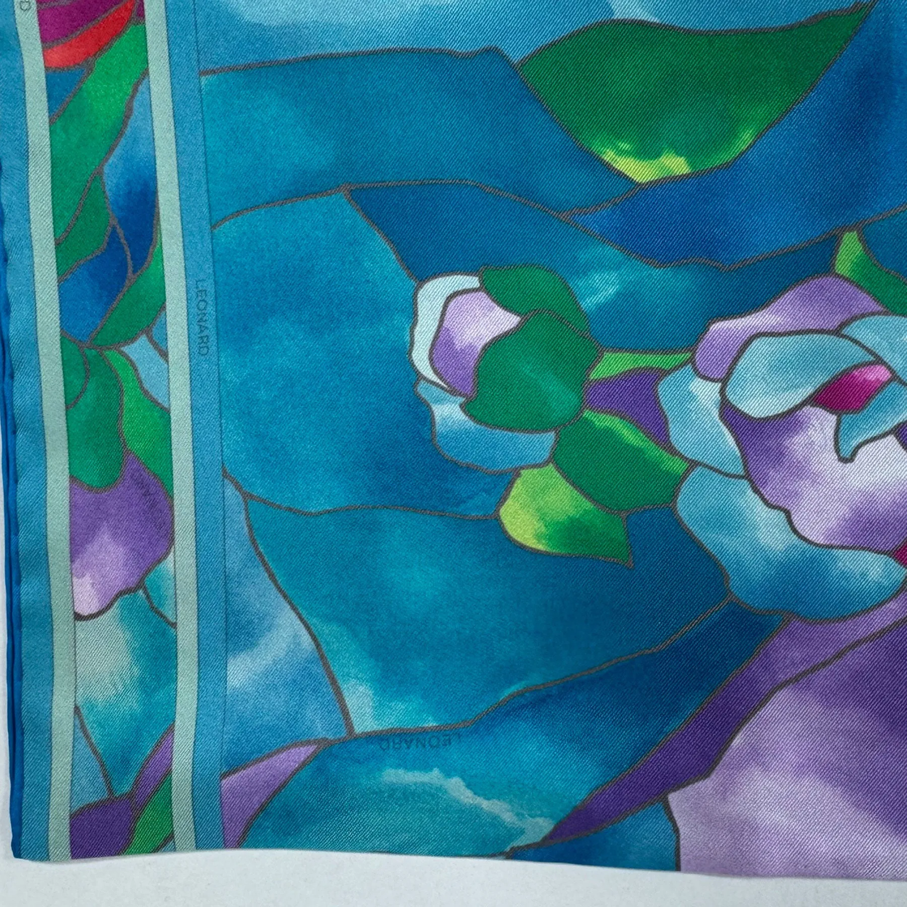 Leonard Paris Scarf Aqua Pink Purple Floral - Twill Silk Square Foulard