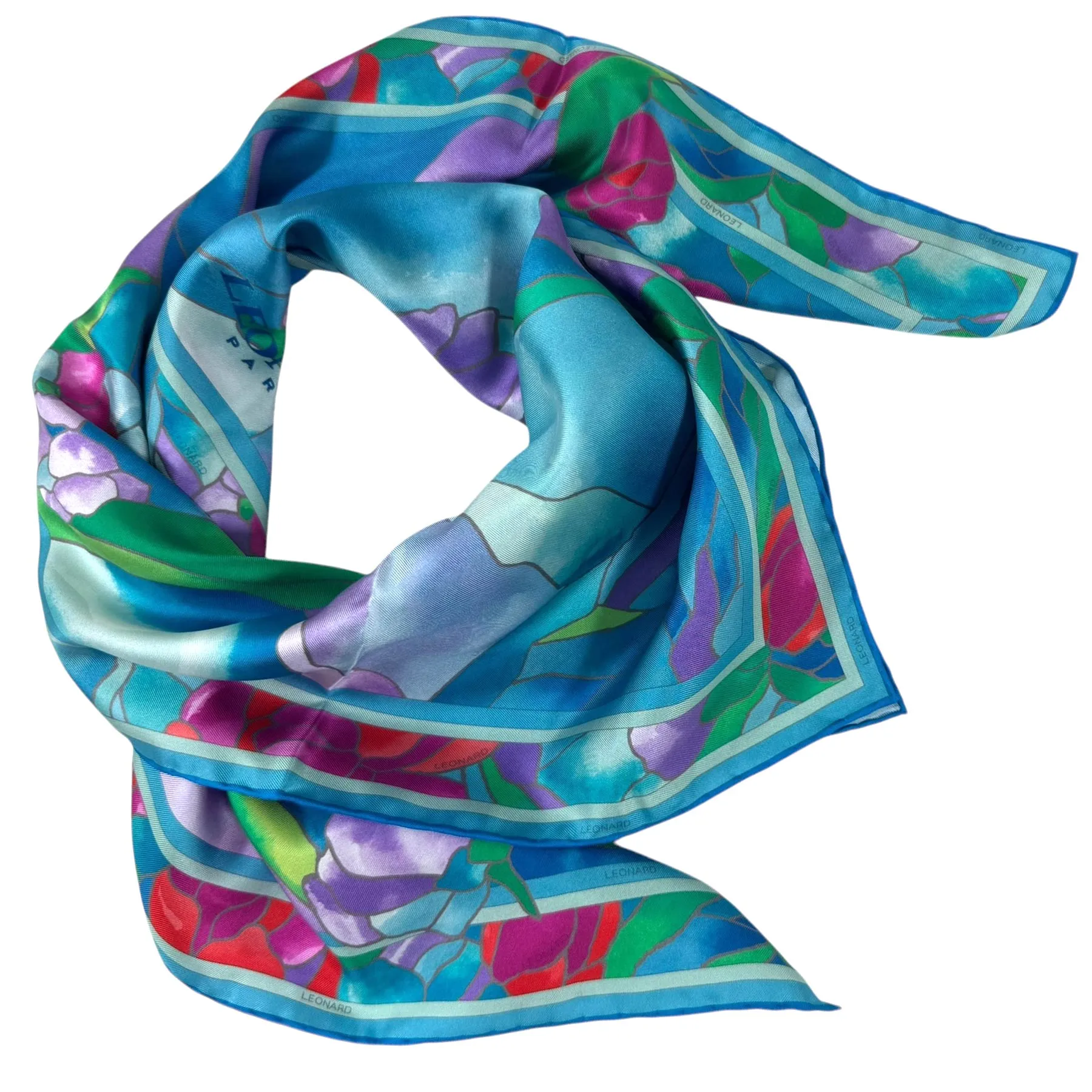 Leonard Paris Scarf Aqua Pink Purple Floral - Twill Silk Square Foulard