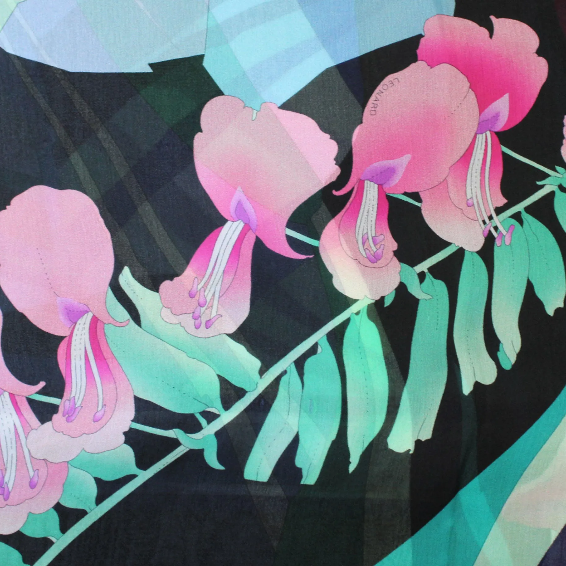 Leonard Paris Scarf Black Royal Blue Pink Floral - Chiffon Silk Shawl FINAL SALE