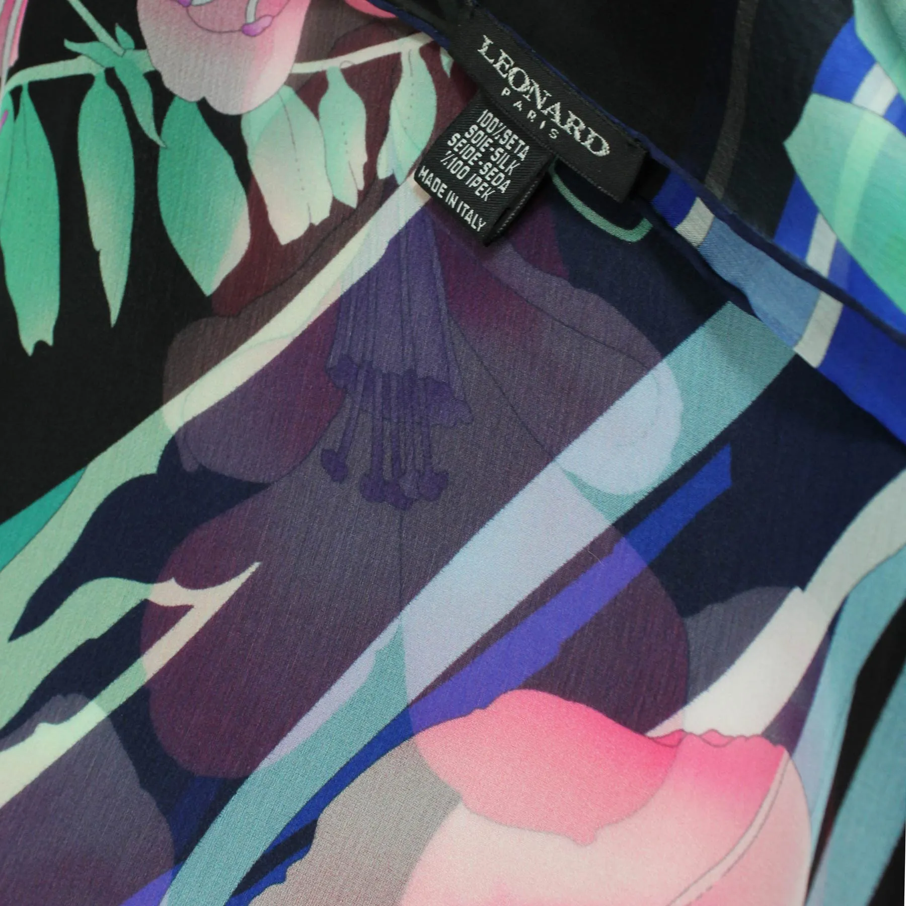 Leonard Paris Scarf Black Royal Blue Pink Floral - Chiffon Silk Shawl FINAL SALE