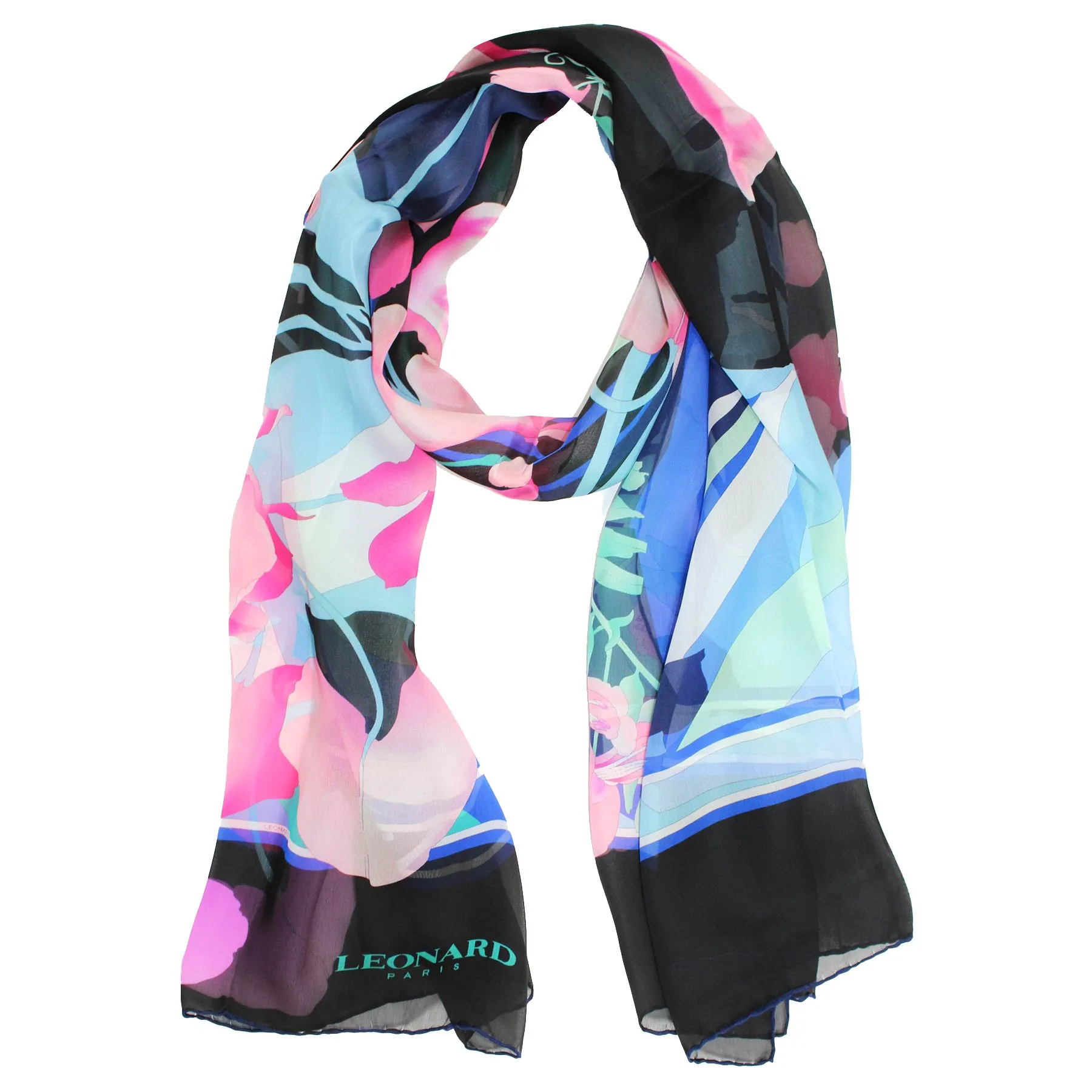 Leonard Paris Scarf Black Royal Blue Pink Floral - Chiffon Silk Shawl FINAL SALE