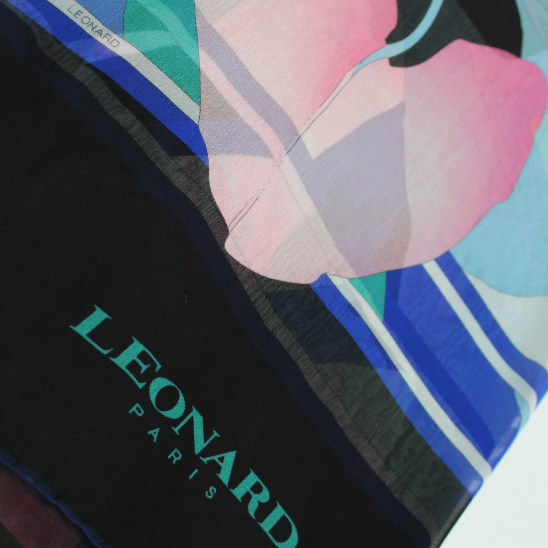 Leonard Paris Scarf Black Royal Blue Pink Floral - Chiffon Silk Shawl FINAL SALE