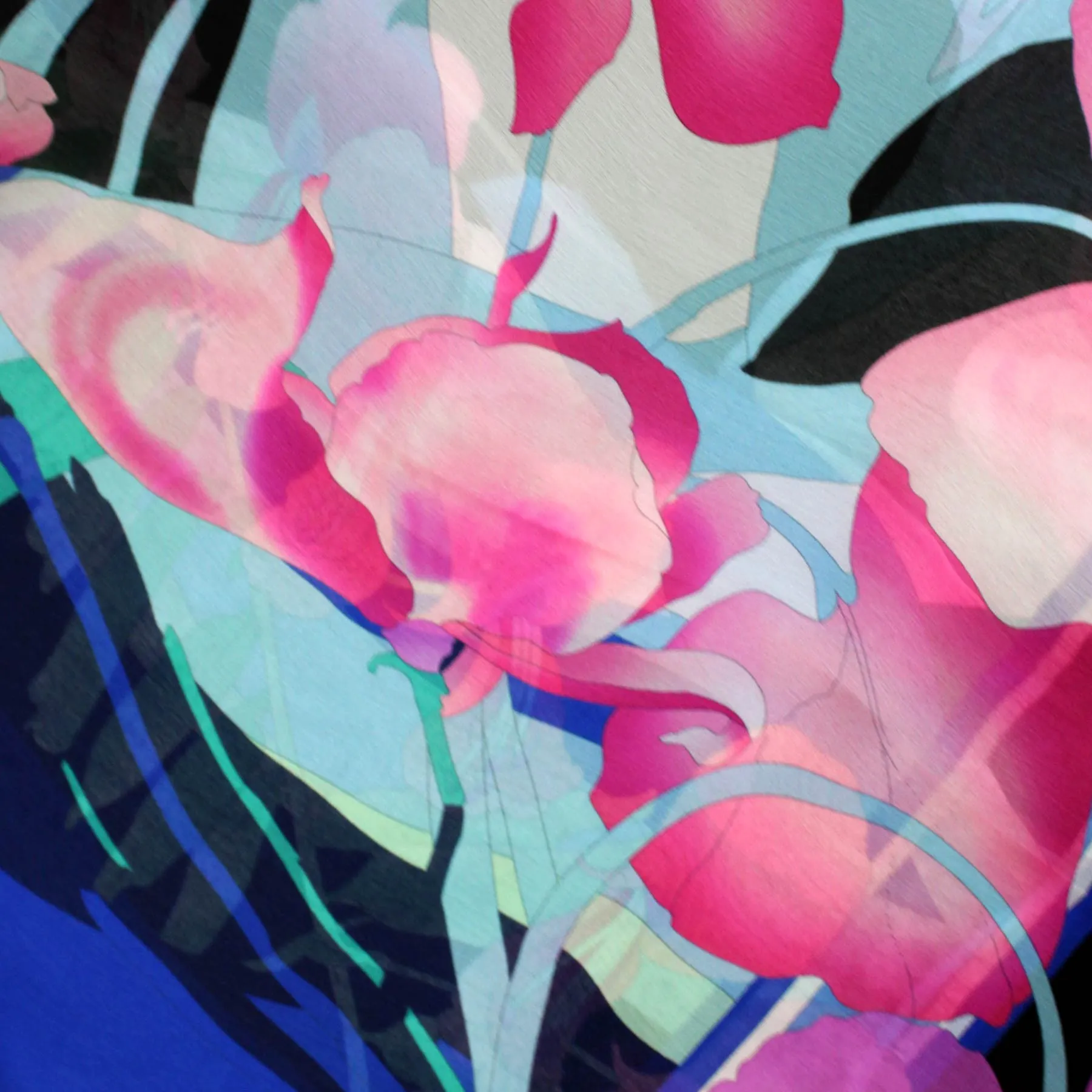 Leonard Paris Scarf Black Royal Blue Pink Floral - Chiffon Silk Shawl FINAL SALE