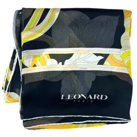 Leonard Paris Scarf Black Yellow Orange Floral Design - Chiffon Silk Shawl SALE