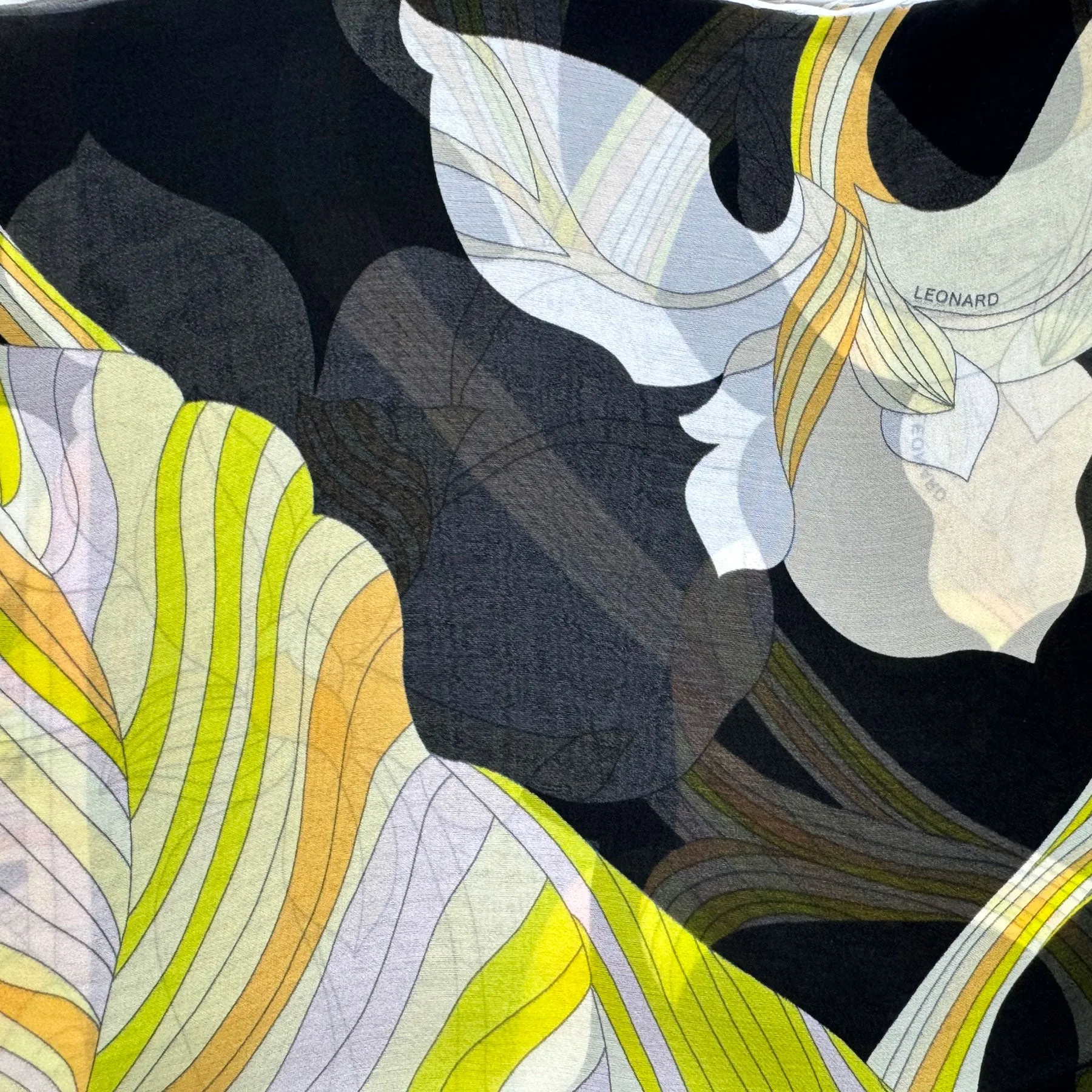 Leonard Paris Scarf Black Yellow Orange Floral Design - Chiffon Silk Shawl SALE