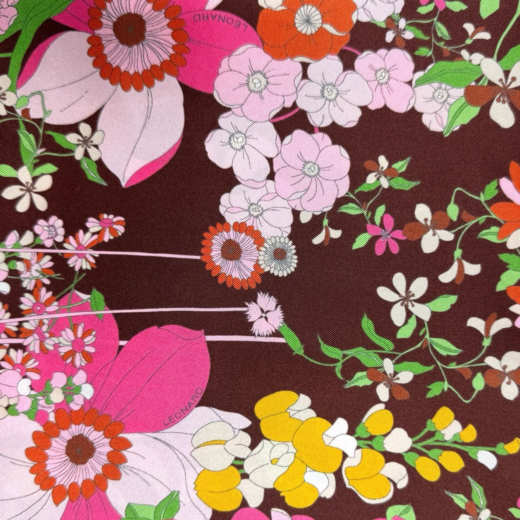 Leonard Paris Scarf Brown Pink French Riviera Floral - Twill Silk Large Square Scarf