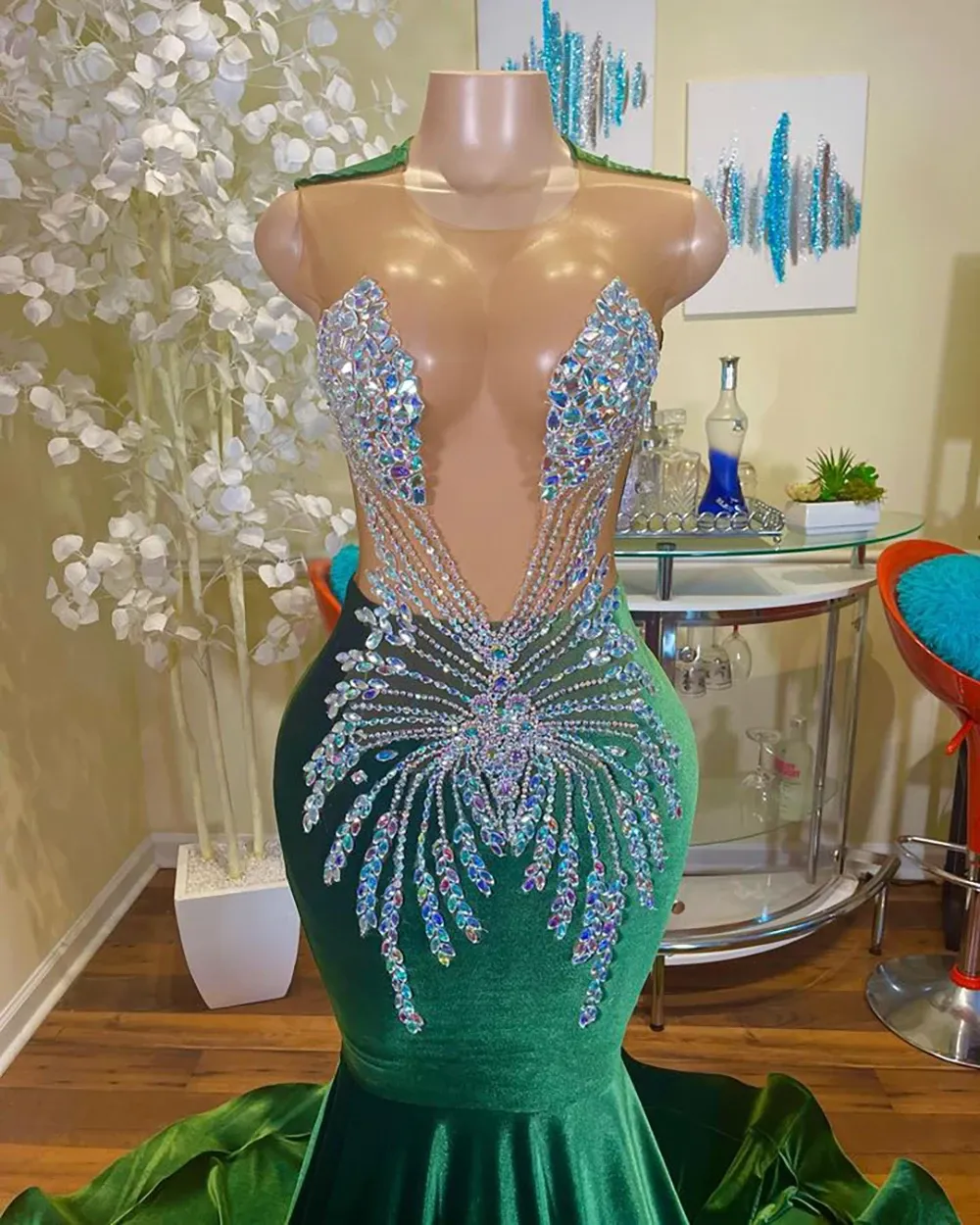 Long Elegant Prom Dresses Sexy Mermaid Style Sheer Mesh Luxury Handmade Beaded Dark Green Velvet Black Girl Prom Gala Gowns