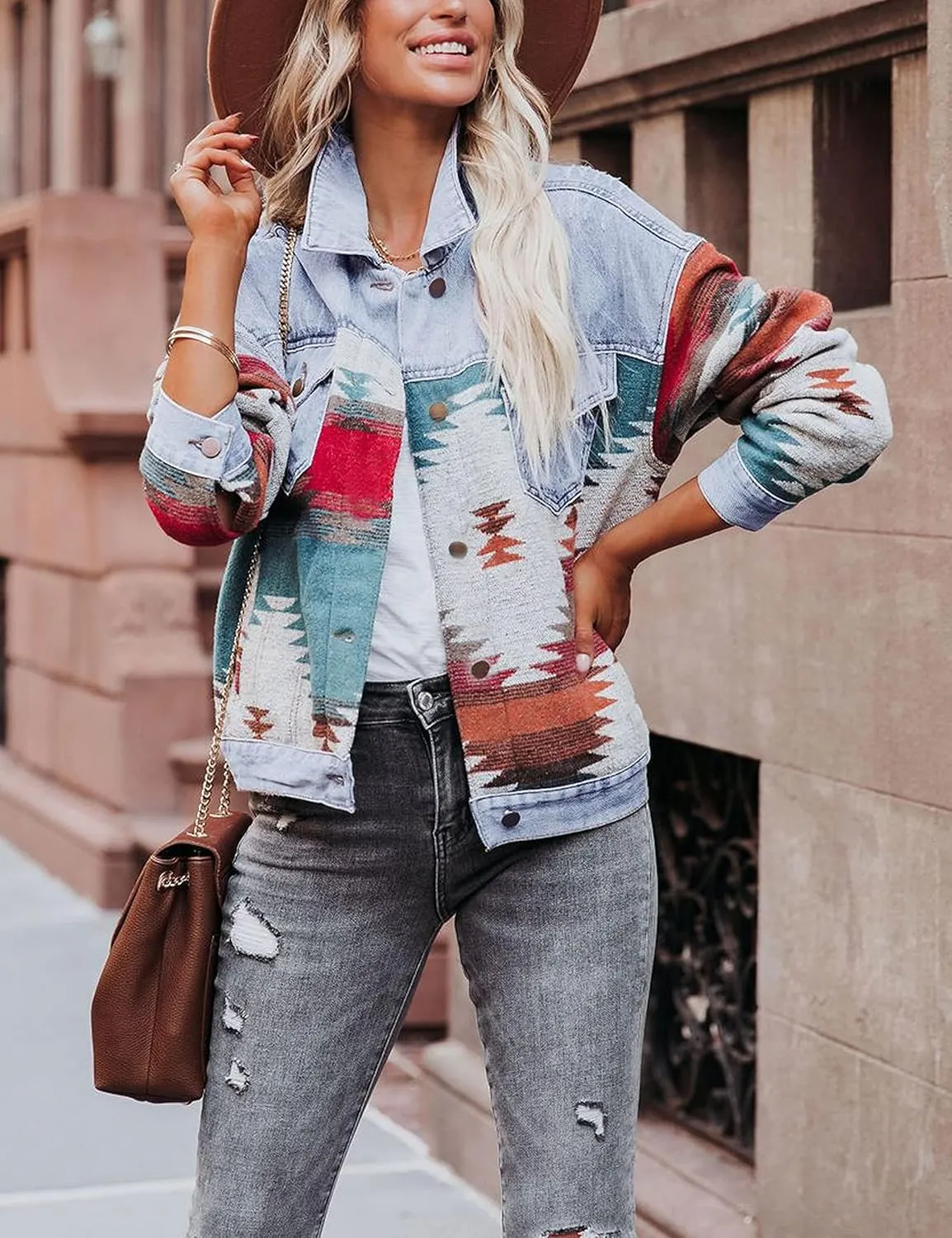 Lumister Women's Aztec Denim Jacket Distressed Lapel Long Sleeve Vintage Button Down Denim Jacket Shacket