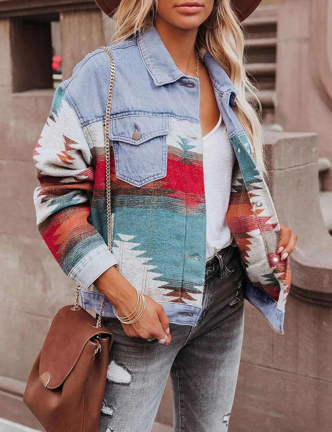 Lumister Women's Aztec Denim Jacket Distressed Lapel Long Sleeve Vintage Button Down Denim Jacket Shacket